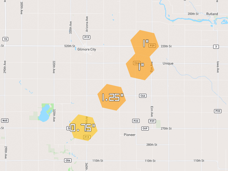 Hail map of Gilmore City, IA on Jul 2, 2026, hail up to 1.25"