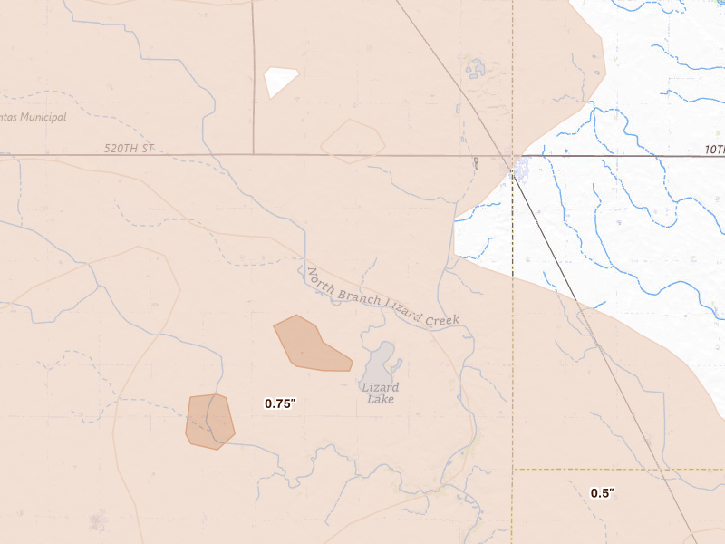 Radar-estimated hail-size map of the storm over Gilmore City, IA on Aug 8, 2026