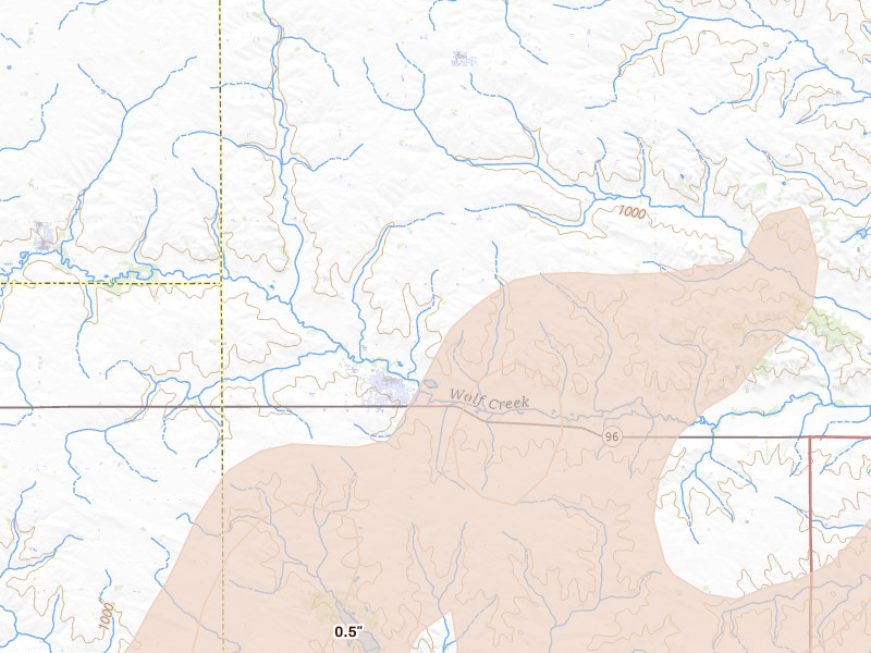 Radar-estimated hail-size map of the storm over Gladbrook, IA on Apr 17, 2026