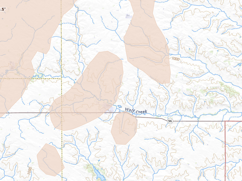 Radar-estimated hail-size map of the storm over Gladbrook, IA on Jul 2, 2026