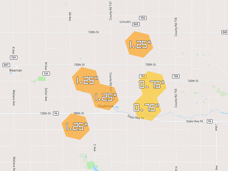 Hail map of Gladbrook, IA on Jul 2, 2026, hail up to 1.25"