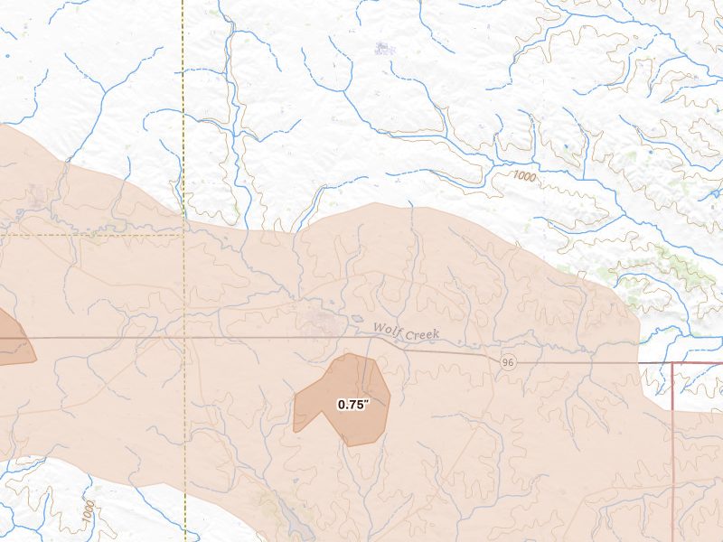 Radar-estimated hail-size map of the storm over Gladbrook, IA on Aug 11, 2026