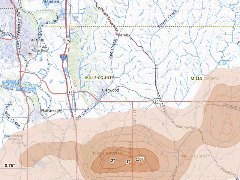 Radar-estimated hail-size map of the storm over Glenwood, IA on May 15, 2026