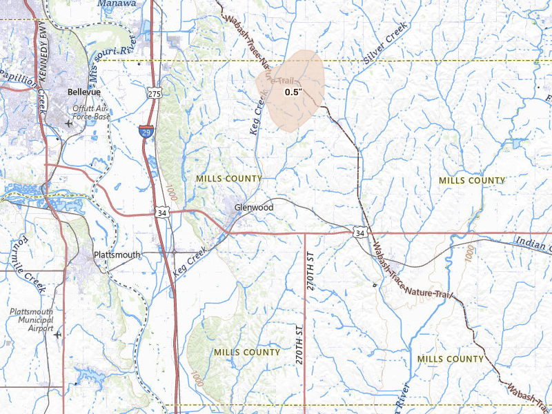 Radar-estimated hail-size map of the storm over Glenwood, IA on May 30, 2026
