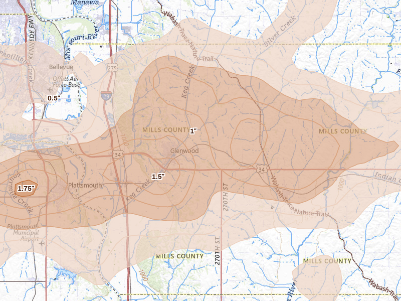 Radar-estimated hail-size map of the storm over Glenwood, IA on Jun 5, 2026