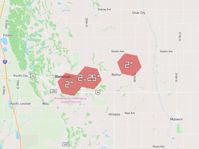 Hail map of Glenwood, IA on Jun 6, 2026, hail up to 2.25"