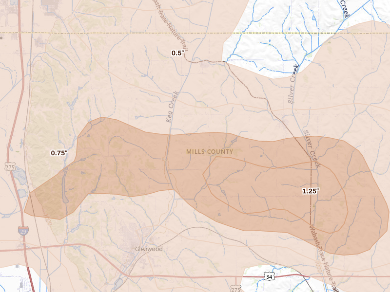 Radar-estimated hail-size map of the storm over Glenwood, IA
