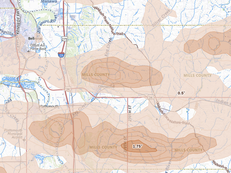 Radar-estimated hail-size map of the storm over Glenwood, IA on Aug 4, 2026