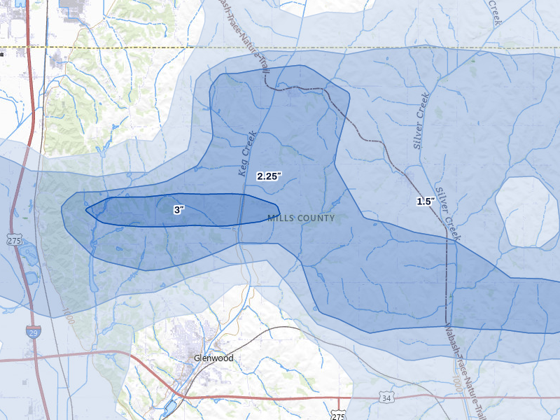 NEXRAD radar-signature map of the hail storm over Glenwood, IA on Aug 4, 2026