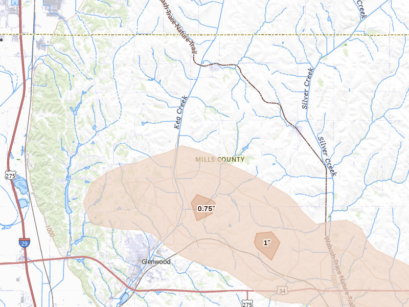 Radar-estimated hail-size map of the storm over Glenwood, IA on Aug 8, 2026