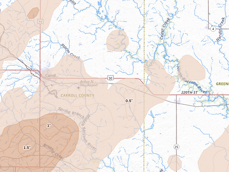 Radar-estimated hail-size map of the storm over Glidden, IA on Apr 23, 2026