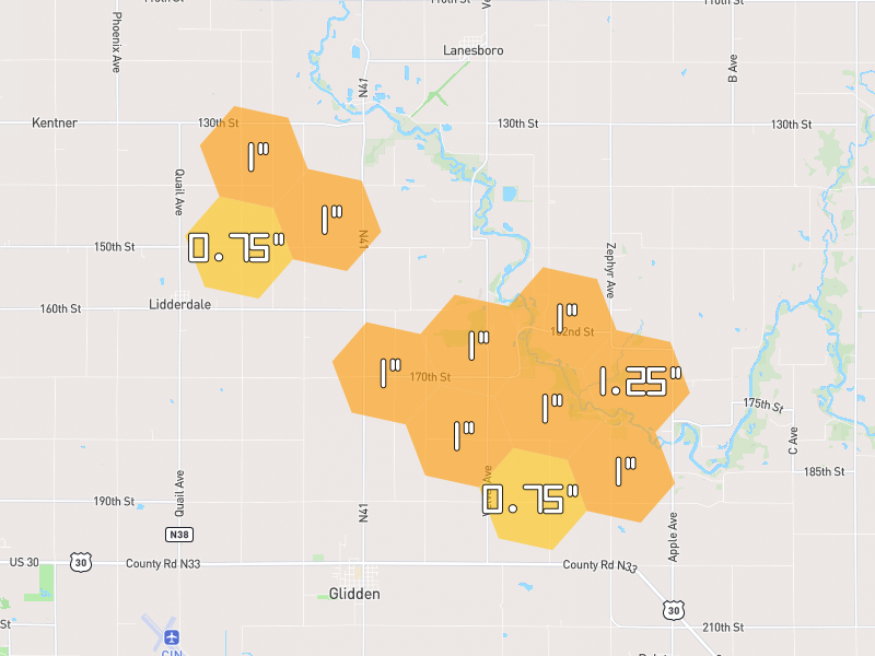 Hail map of Glidden, IA on Jul 4, 2026, hail up to 1.25"