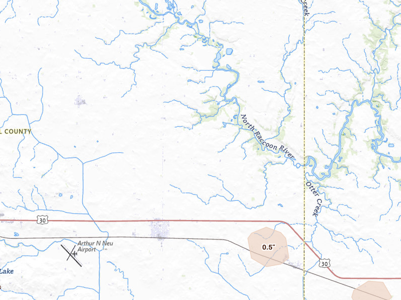 Radar-estimated hail-size map of the storm over Glidden, IA on Aug 8, 2026