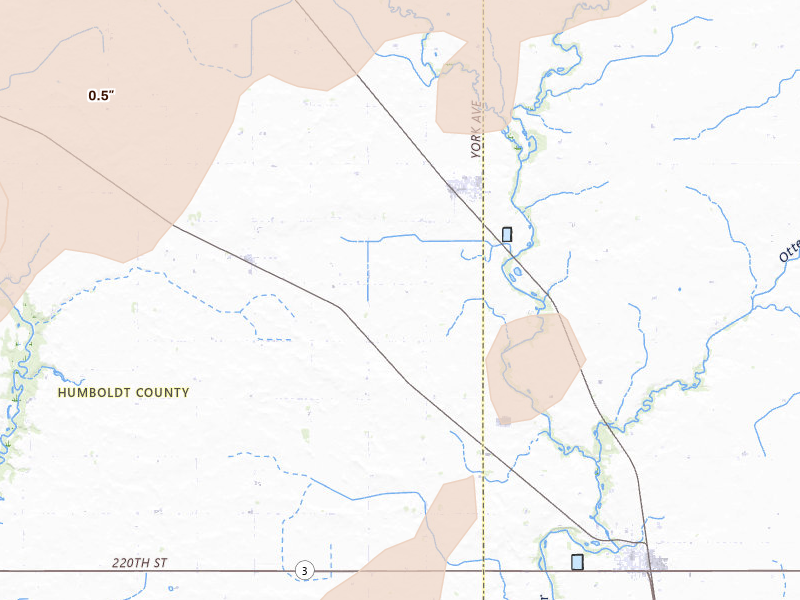 Radar-estimated hail-size map of the storm over Goldfield, IA on Jul 2, 2026