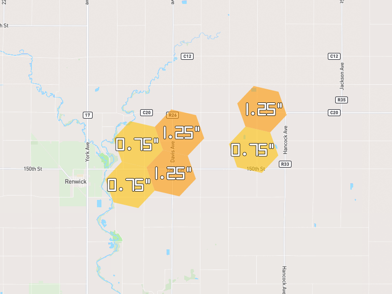 Hail map of Goldfield, IA on Jul 2, 2026, hail up to 1.25"