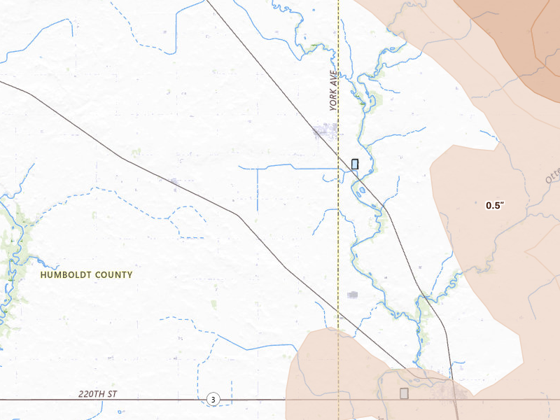 Radar-estimated hail-size map of the storm over Goldfield, IA on Jul 20, 2026