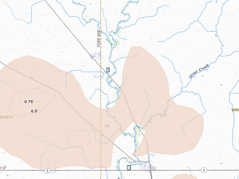 Radar-estimated hail-size map of the storm over Goldfield, IA on Aug 9, 2026