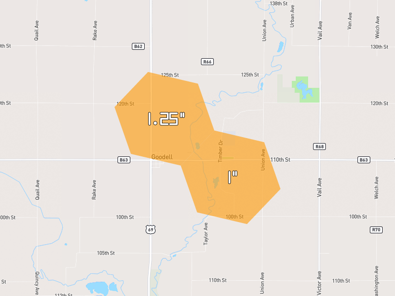 Hail map of Goodell, IA on Jun 28, 2026, hail up to 1.25"