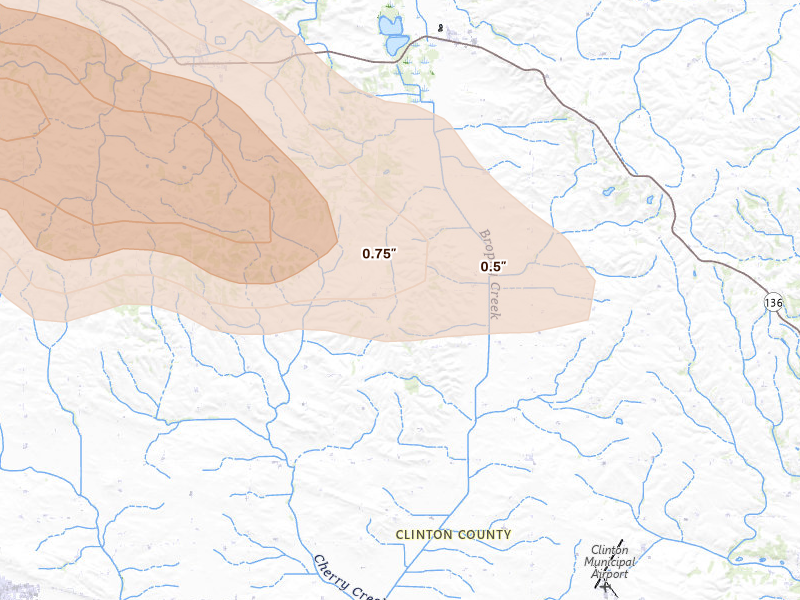 Radar-estimated hail-size map of the storm over Goose Lake, IA on Jun 28, 2026
