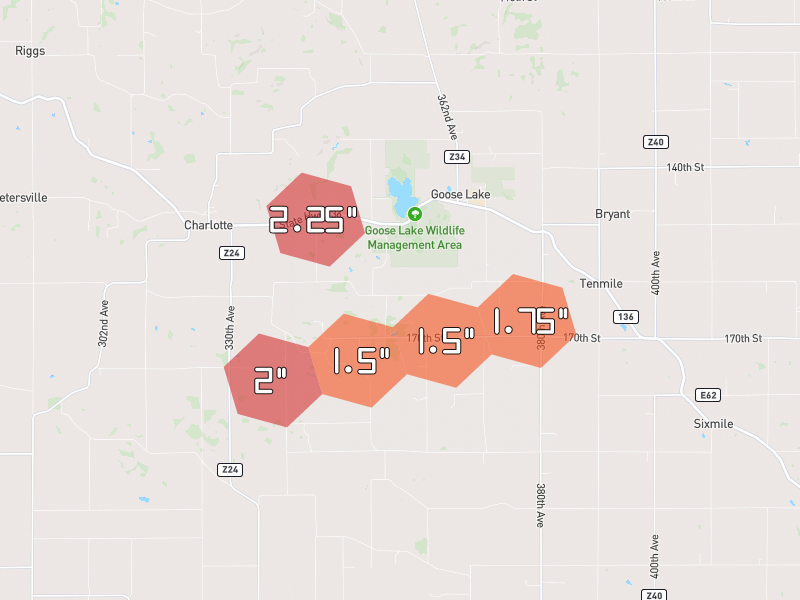 Hail map of Goose Lake, IA on Jun 28, 2026, hail up to 2.25"