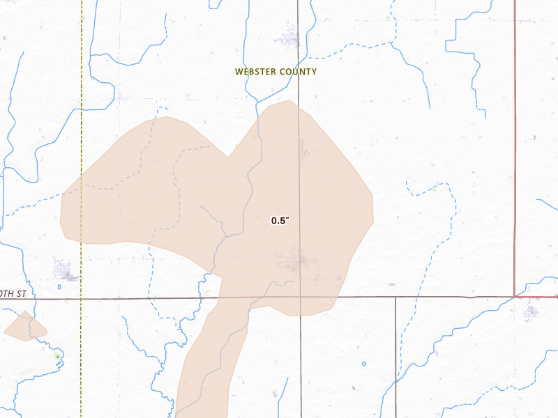 Radar-estimated hail-size map of the storm over Gowrie, IA on Apr 23, 2026