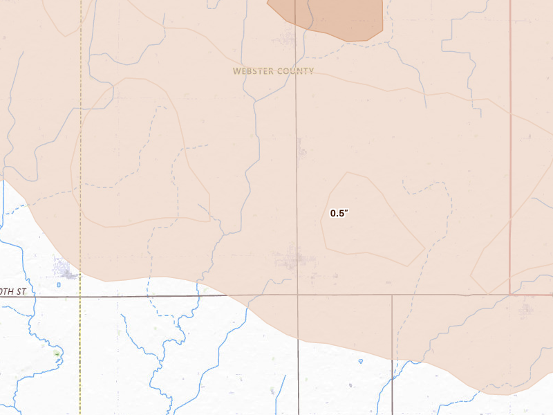 Radar-estimated hail-size map of the storm over Gowrie, IA on Jun 16, 2026