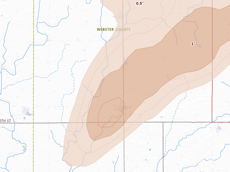 Radar-estimated hail-size map of the storm over Gowrie, IA on Jul 2, 2026