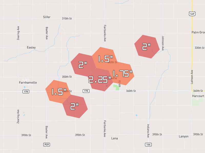 Hail map of Gowrie, IA on Jul 2, 2026, hail up to 2.25"