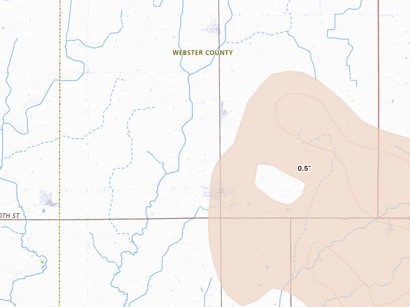 Radar-estimated hail-size map of the storm over Gowrie, IA on Jul 20, 2026