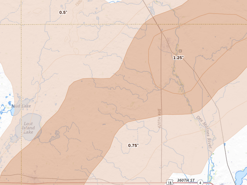 Radar-estimated hail-size map of the storm over Graettinger, IA on Apr 13, 2026