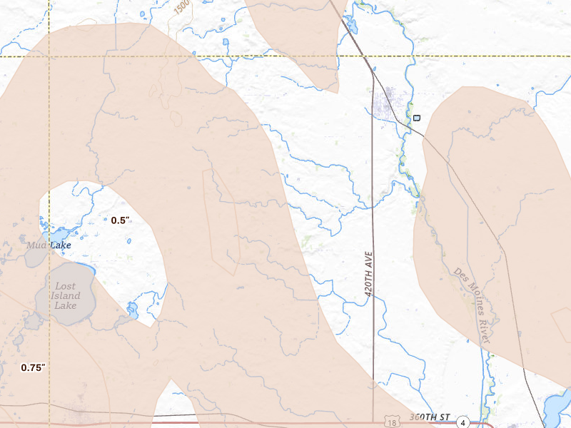Radar-estimated hail-size map of the storm over Graettinger, IA on May 17, 2026