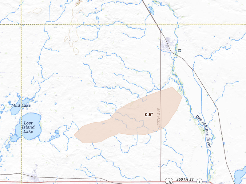 Radar-estimated hail-size map of the storm over Graettinger, IA on May 25, 2026