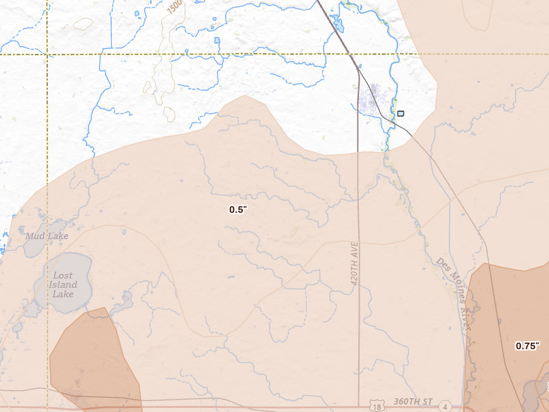 Radar-estimated hail-size map of the storm over Graettinger, IA on Jun 28, 2026