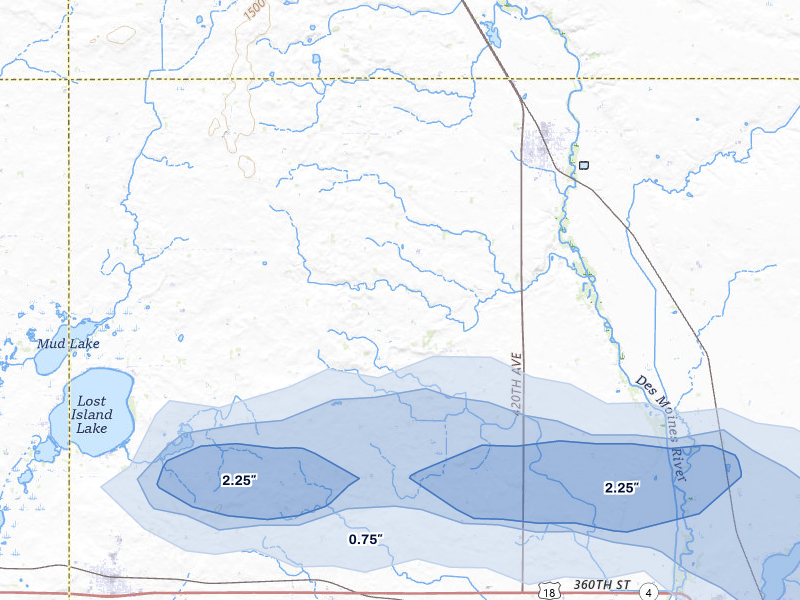 NEXRAD radar-signature map of the hail storm over Graettinger, IA on Jun 28, 2026