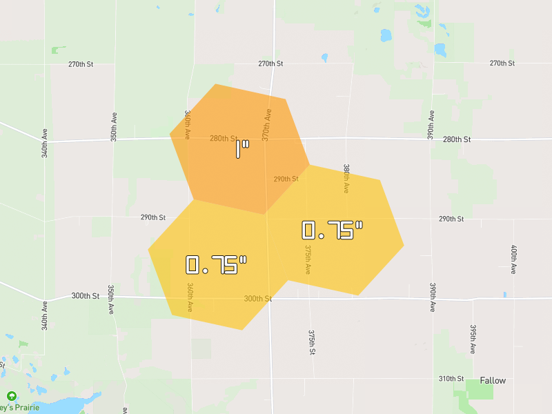 Hail map of Graettinger, IA on Jun 30, 2026, hail up to 1"