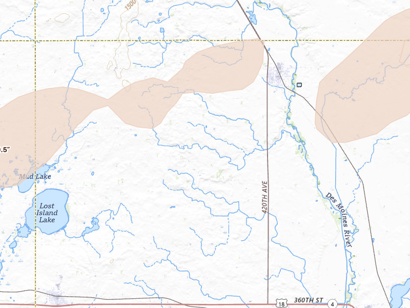 Radar-estimated hail-size map of the storm over Graettinger, IA on Jul 1, 2026