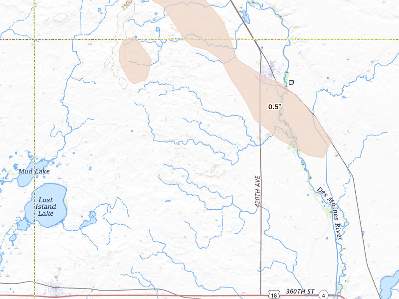 Radar-estimated hail-size map of the storm over Graettinger, IA on Aug 18, 2026