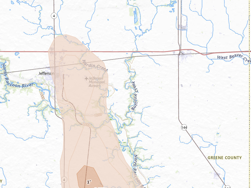 Radar-estimated hail-size map of the storm over Grand Junction, IA on Jun 1, 2026