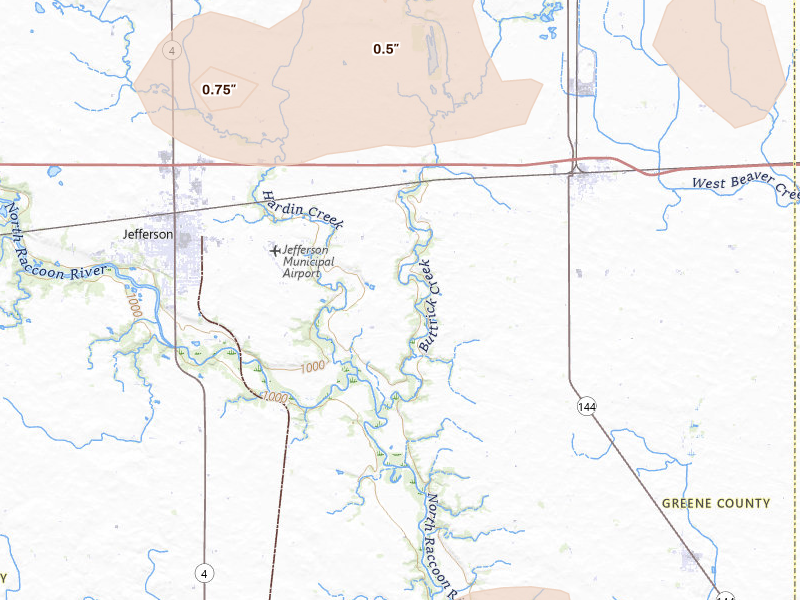 Radar-estimated hail-size map of the storm over Grand Junction, IA on Jul 3, 2026