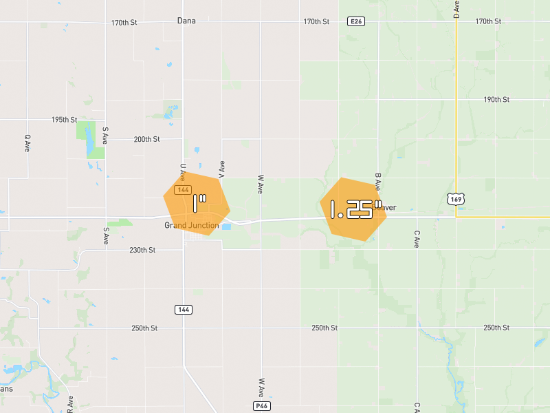 Hail map of Grand Junction, IA on Jul 4, 2026, hail up to 1.25"