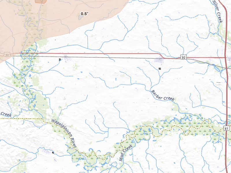 Radar-estimated hail-size map of the storm over Grand Mound, IA on Apr 2, 2026