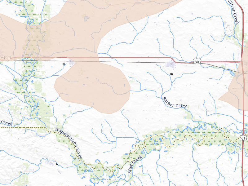 Radar-estimated hail-size map of the storm over Grand Mound, IA on Jul 3, 2026