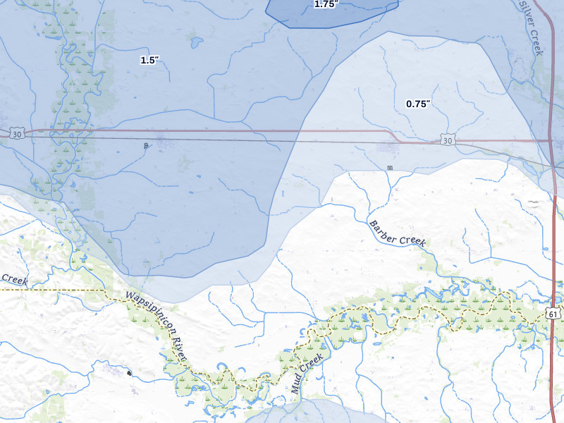 NEXRAD radar-signature map of the hail over Grand Mound, IA