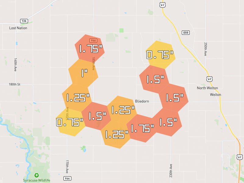 Hail map of Grand Mound, IA on Jul 3, 2026, hail up to 1.75"