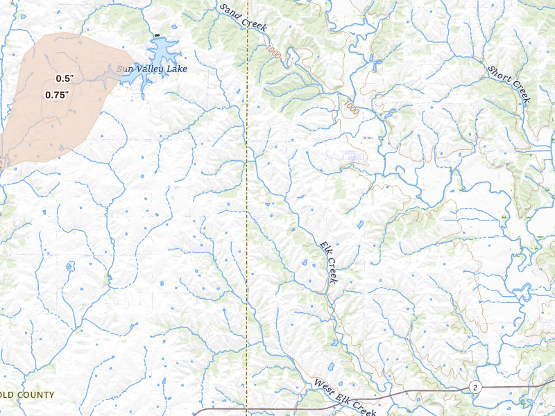 Radar-estimated hail-size map of the storm over Grand River, IA on Apr 3, 2026