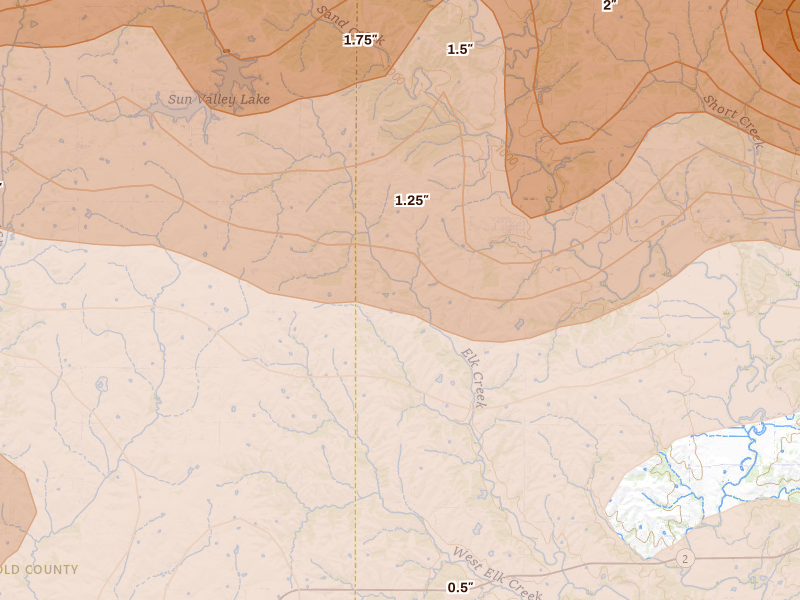 Radar-estimated hail-size map of the storm over Grand River, IA on Jun 11, 2026