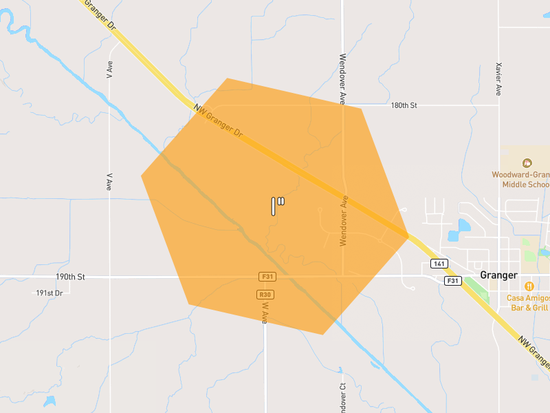 Hail map of Granger, IA on Jul 2, 2026, hail up to 1"
