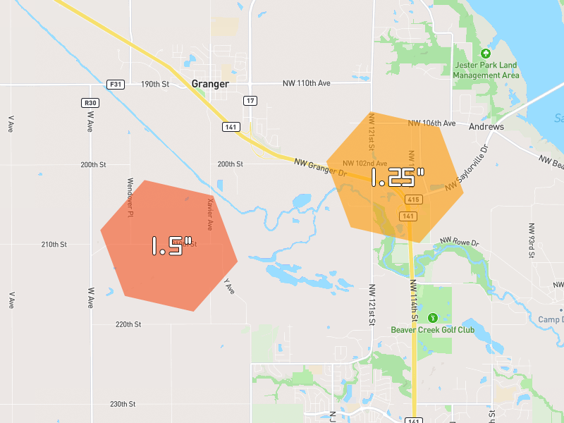 Hail map of Granger, IA on Jul 3, 2026, hail up to 1.5"