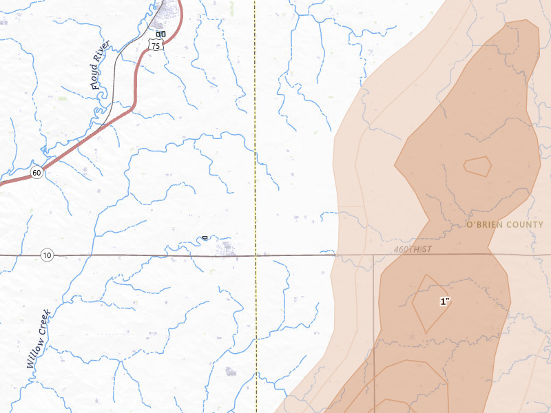 Radar-estimated hail-size map of the storm over Granville, IA on Apr 13, 2026