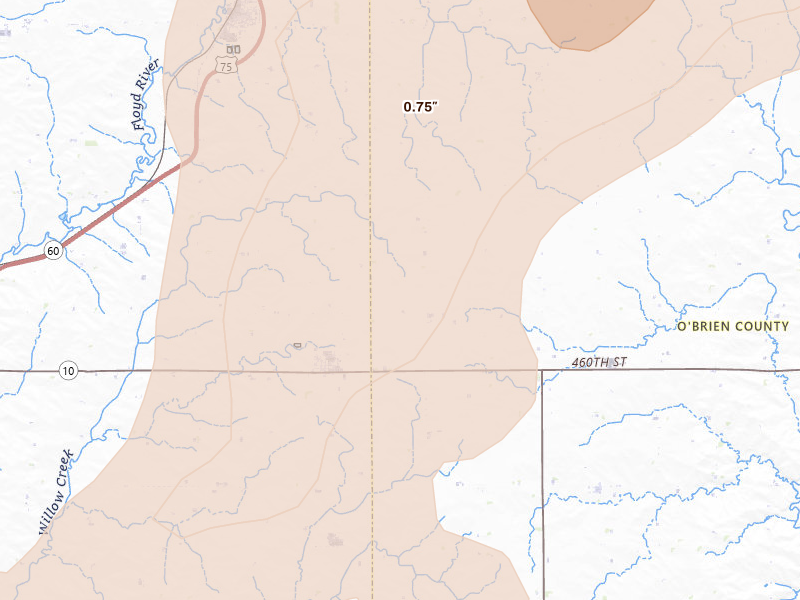 Radar-estimated hail-size map of the storm over Granville, IA on May 17, 2026